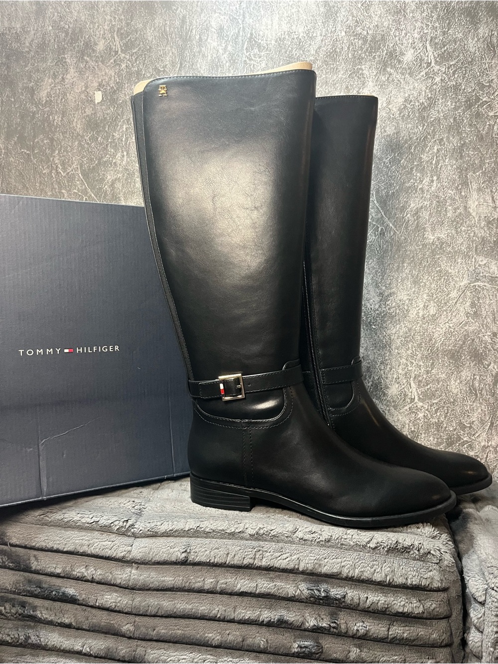 Tommy Hilfiger Black Leather Tall Riding Boots with Buckle